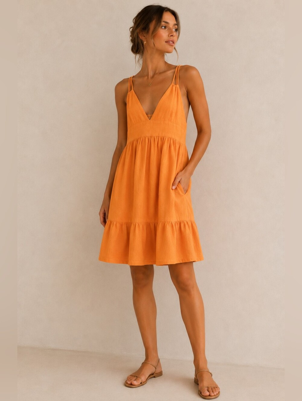 Creamsicle Orange Linen Blend Summer Dress, L, Coastal, Mediterranean, Euro